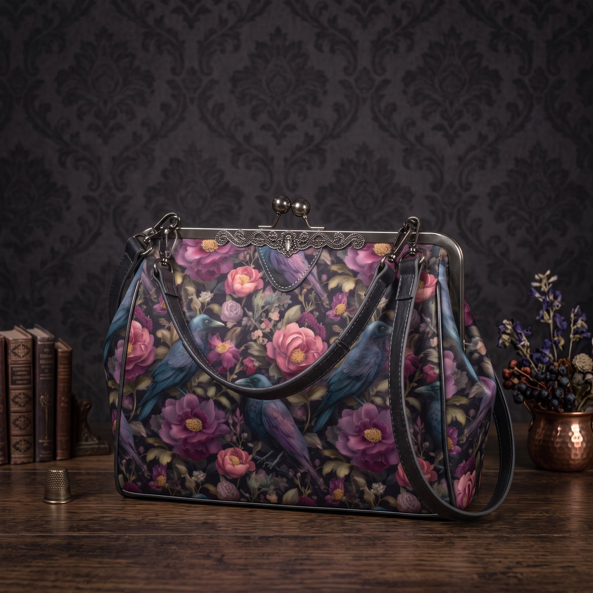 Ravens and Purple Flowers Kisslock Purse