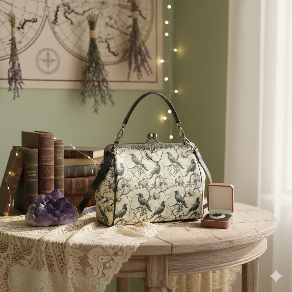 Gothic Grey Ravens Kisslock Handbag