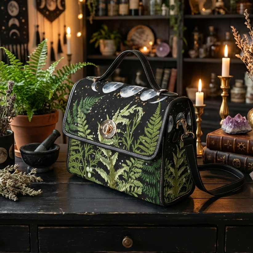 celestial handbag with ferns and moons