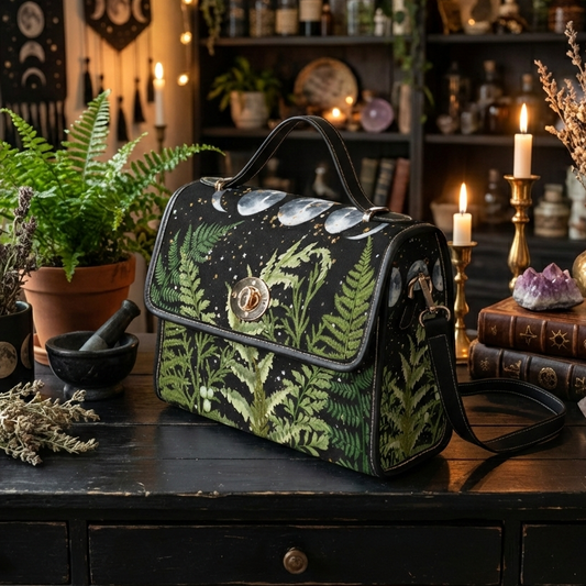celestial handbag with ferns and moons
