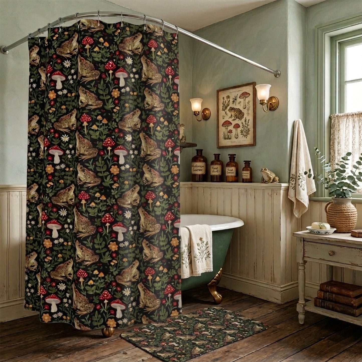 Cottagecore Toad & Mushroom Shower Curtain or Bath Mat