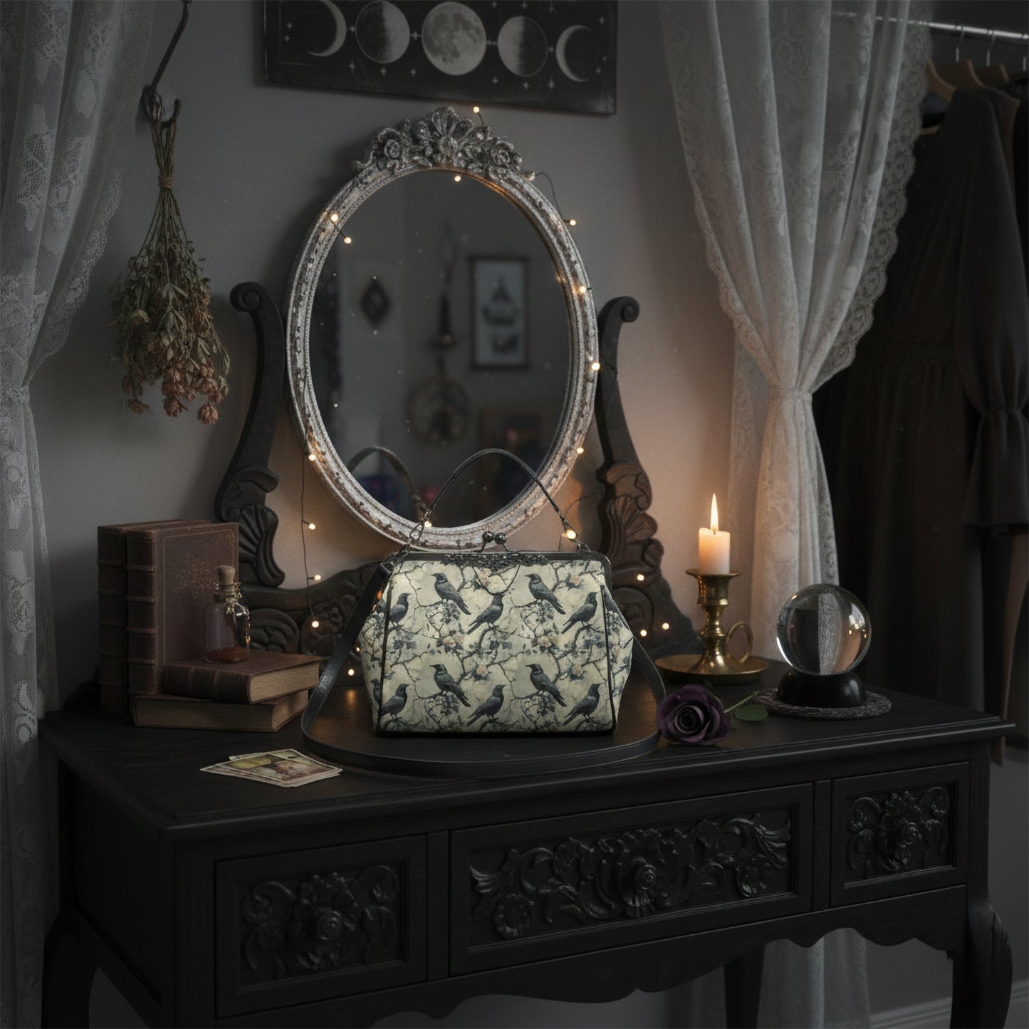 Gothic Grey Ravens Kisslock Handbag