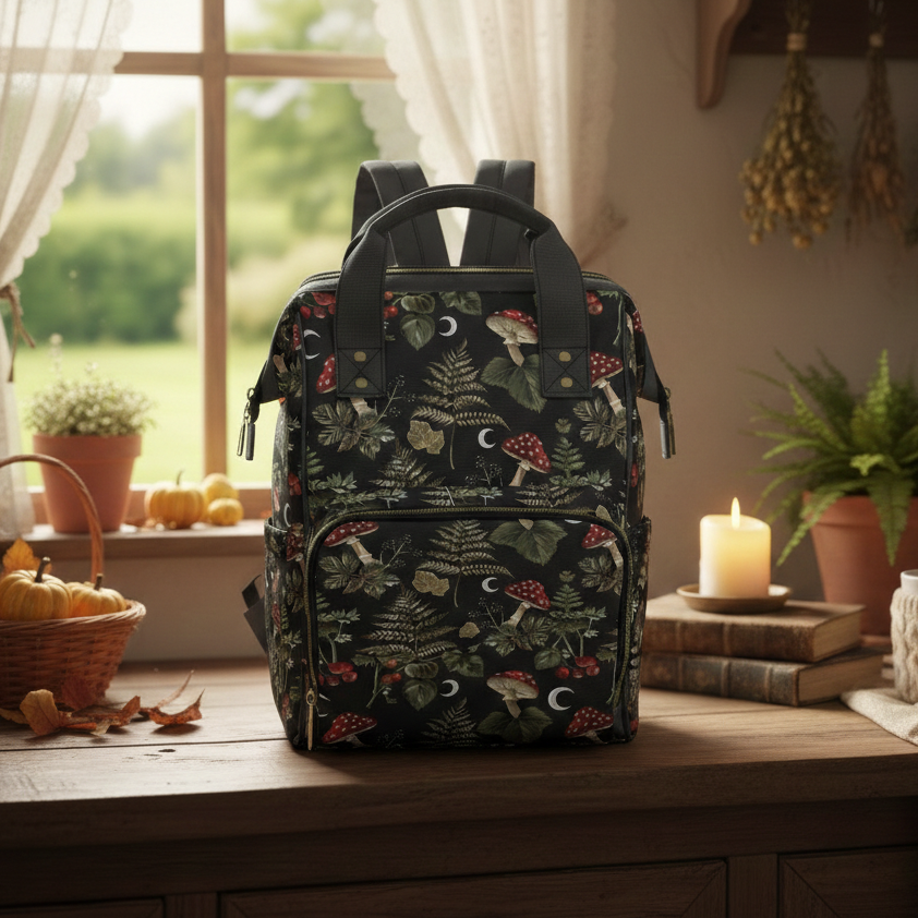 Dark Wood Mushrooms & Moons Diaper Backpack