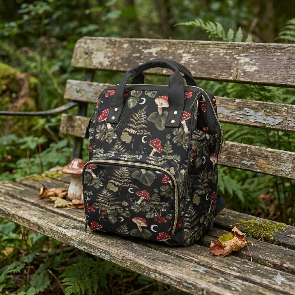 Dark Wood Mushrooms & Moons Diaper Backpack