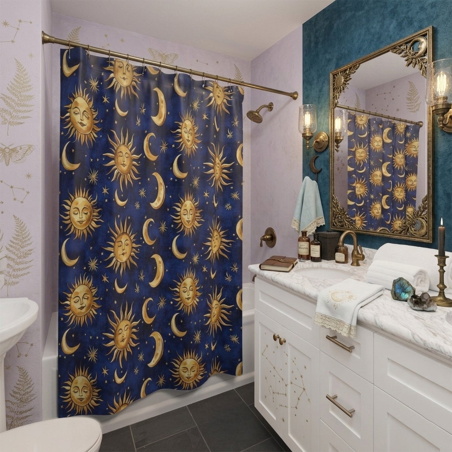Retro 90s Whimsigoth Celestial Shower Curtain & Bath Mat Set
