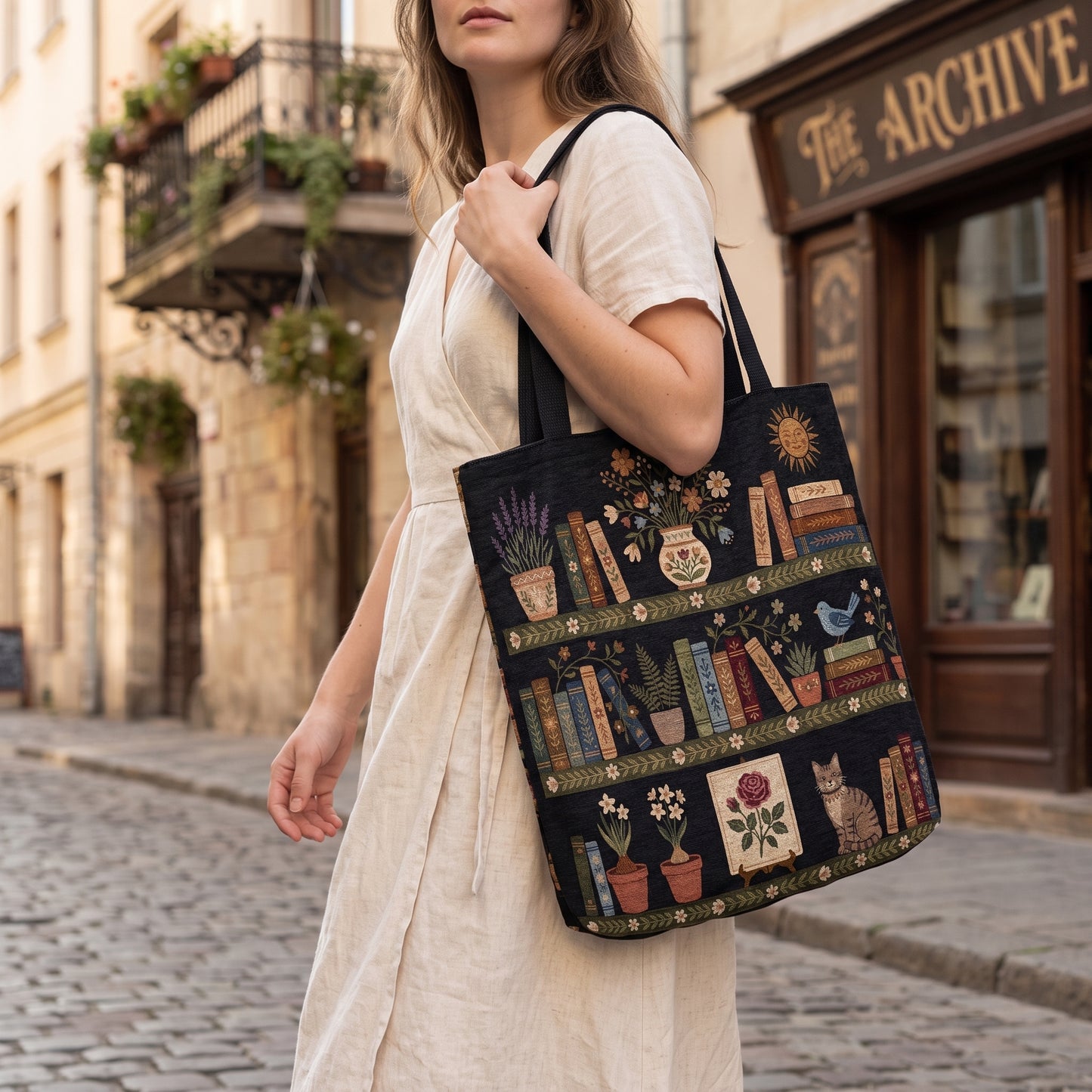 Whimsical Book Lover Woven Tote Bag