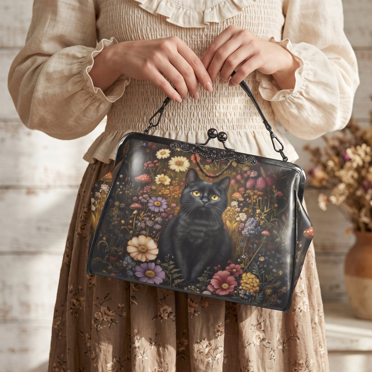Black Cat & Flower Garden Kisslock Handbag