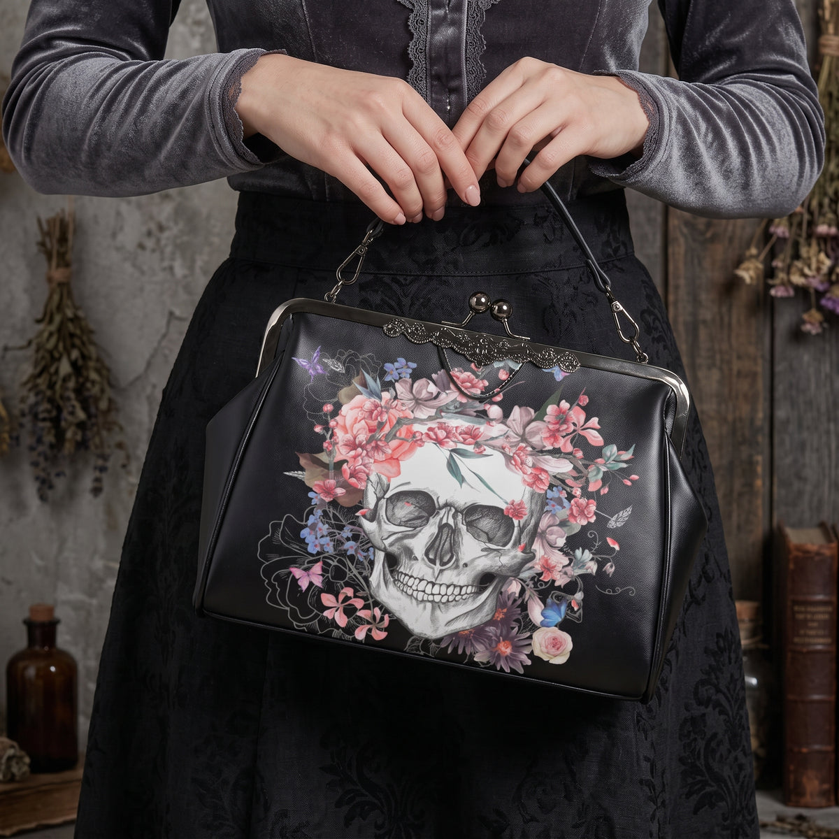 Skull and Flowers Kisslock Handbag
