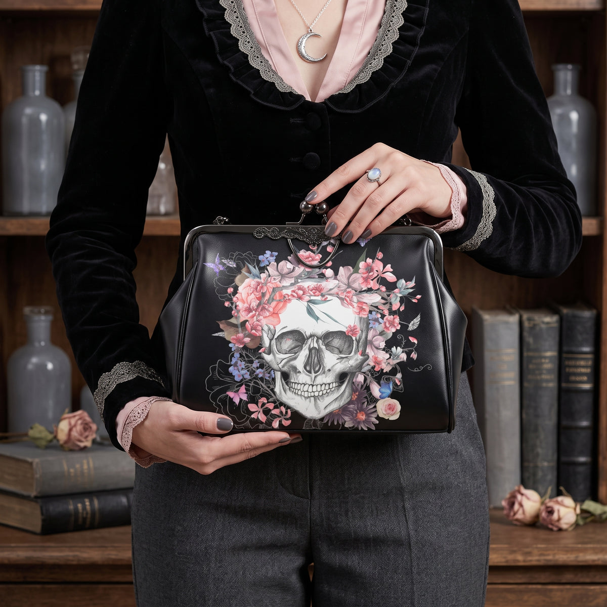 Skull and Flowers Kisslock Handbag