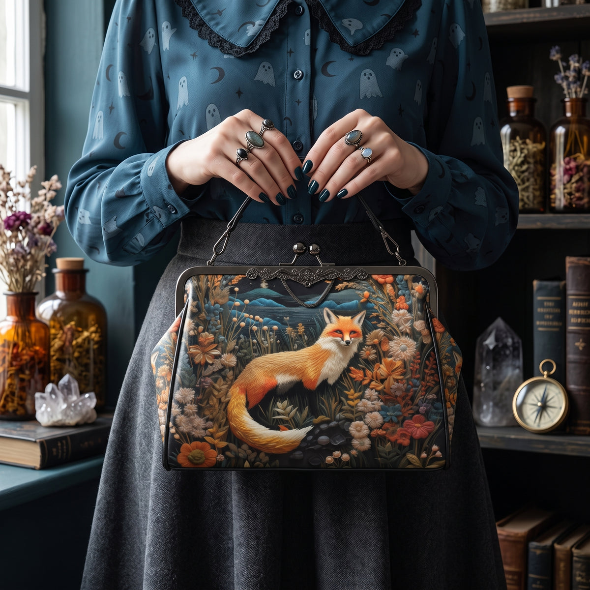 Dark Faux-embroidered Fox Kisslock Handbag