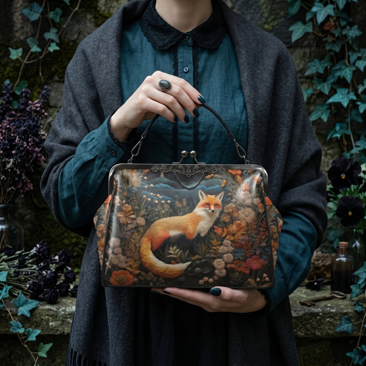 Dark Faux-embroidered Fox Kisslock Handbag