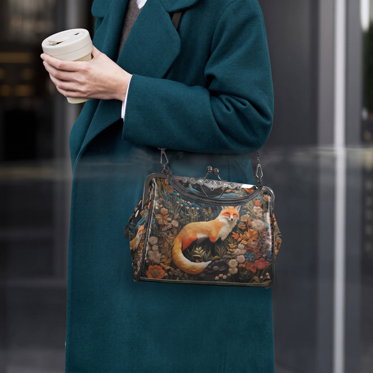 Dark Faux-embroidered Fox Kisslock Handbag