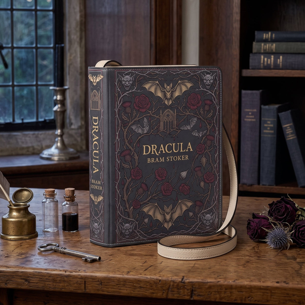 A leather book bag styled like a Dracula book, standing on a rustic wooden table with a matching leather strap. The bag features dark gray faux leather with gold lettering and gothic illustrations of bats, roses, and skulls.