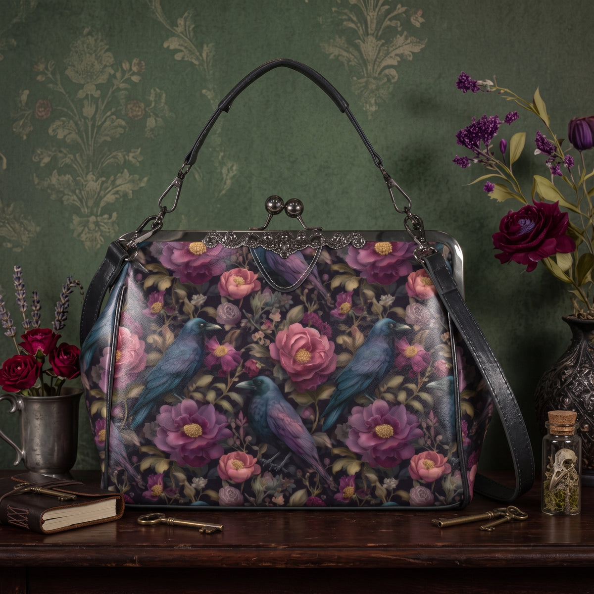 Ravens and Purple Flowers Kisslock Purse