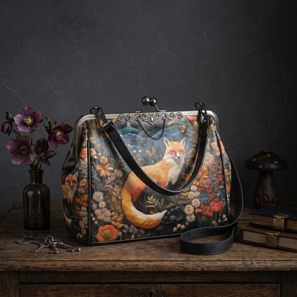 Dark Faux-embroidered Fox Kisslock Handbag