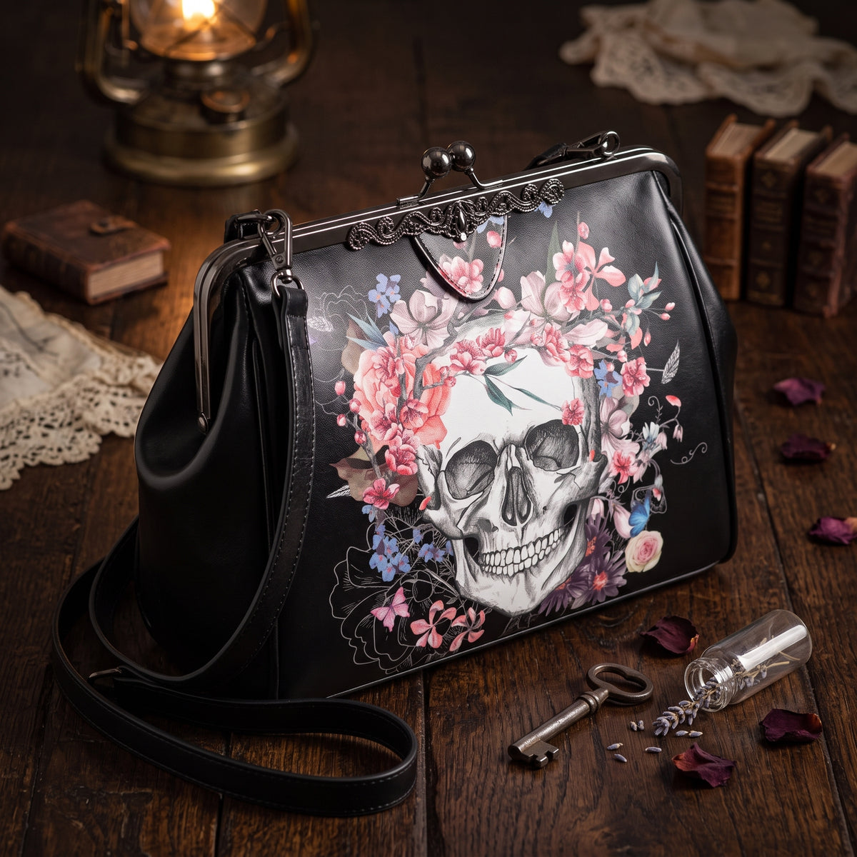 Skull and Flowers Kisslock Handbag