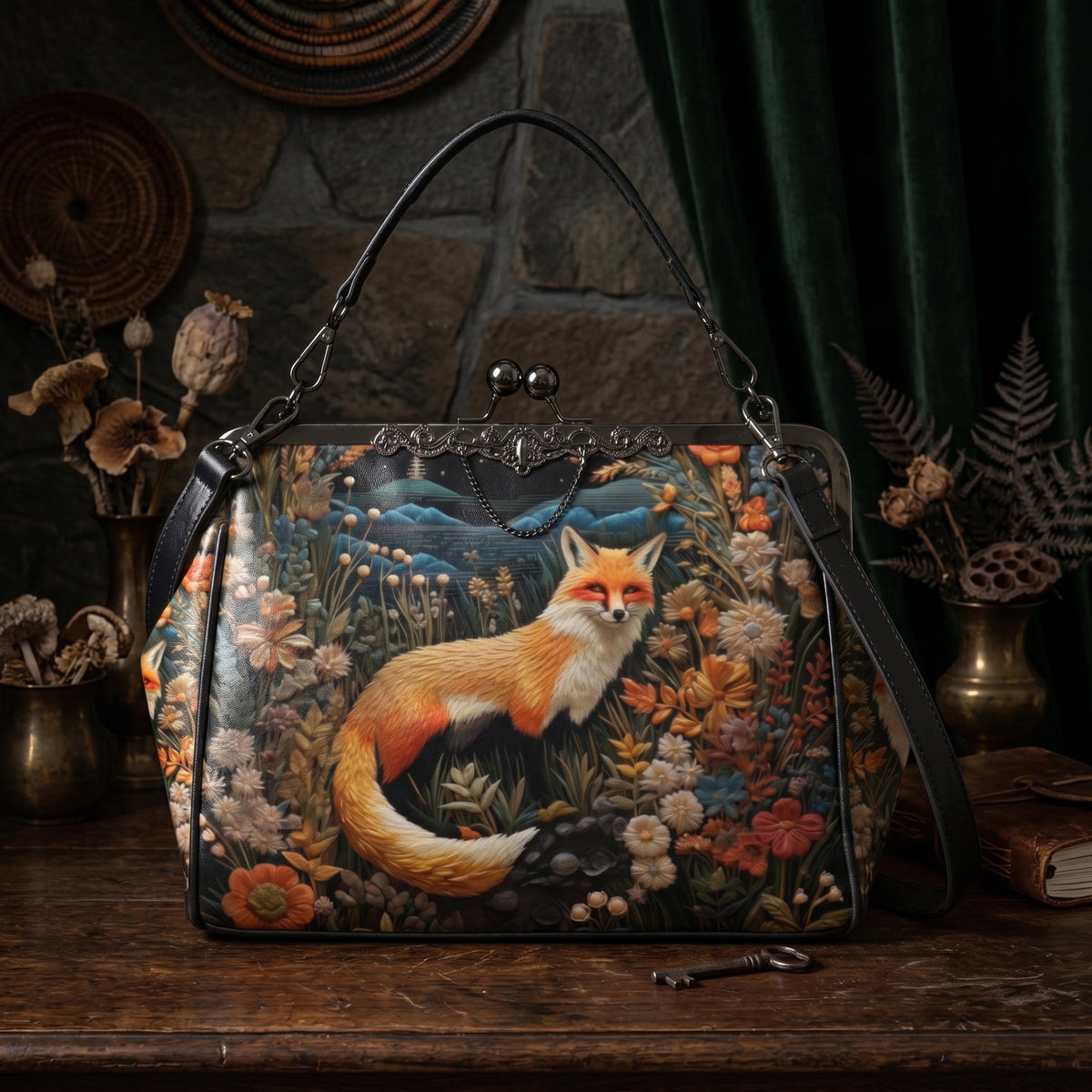 Dark Faux-embroidered Fox Kisslock Handbag