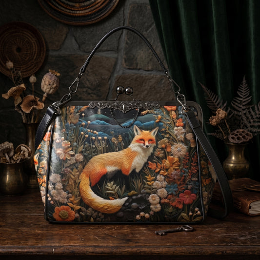 Dark Faux-embroidered Fox Kisslock Handbag