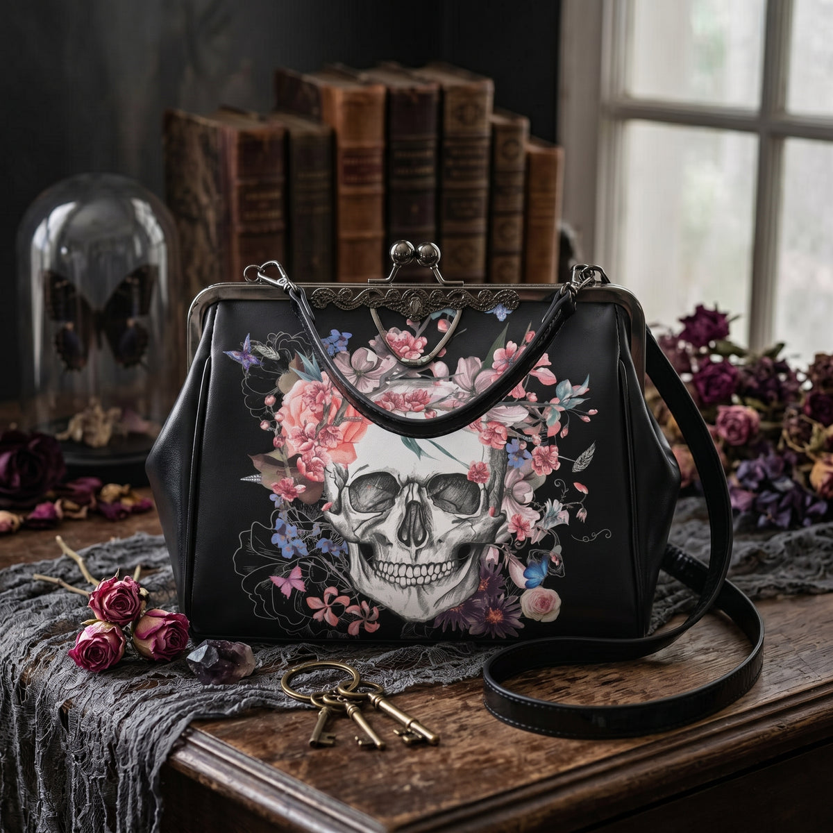 Skull and Flowers Kisslock Handbag