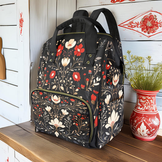 Dark Cottagecore Boho Folk Art Flowers Multifunctional Diaper Backpack