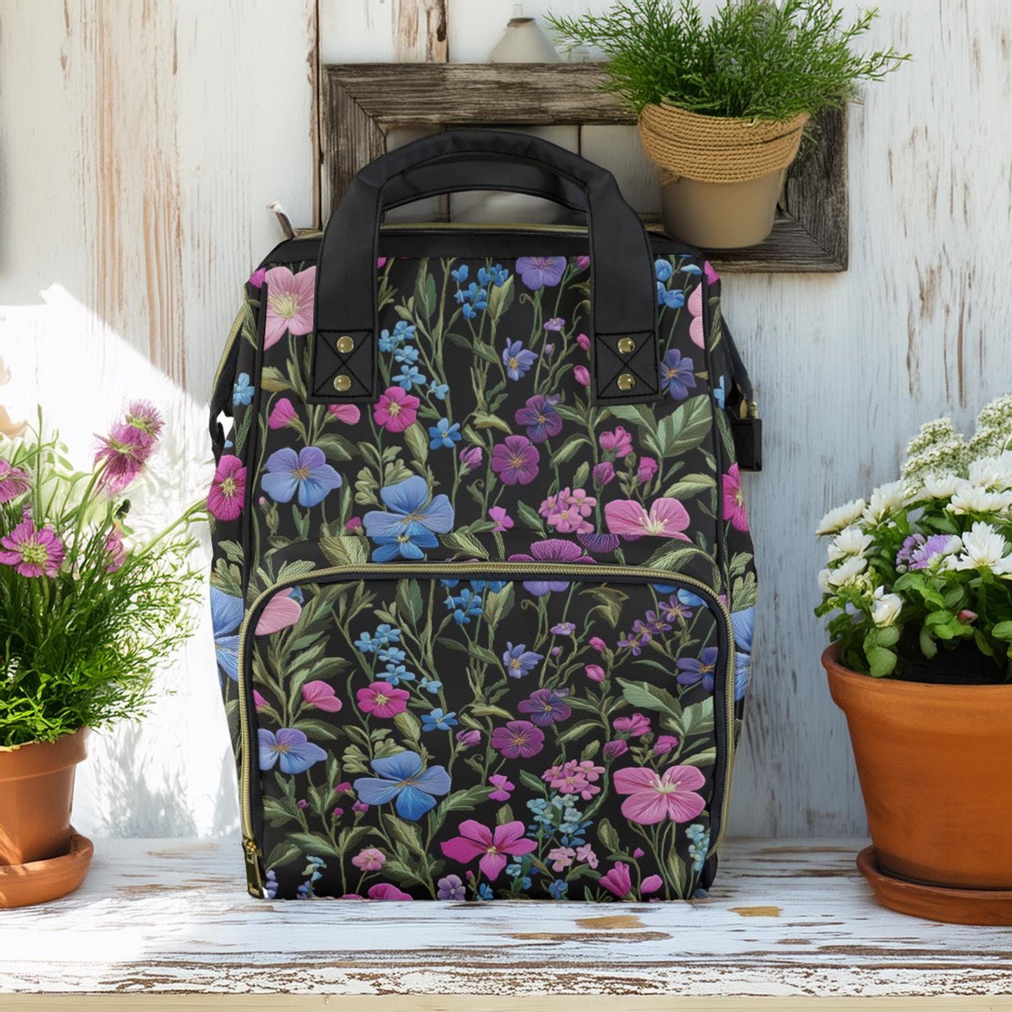 Dark Cottagecore Faux-Embroidery Garden Floral Multifunctional Diaper Backpack