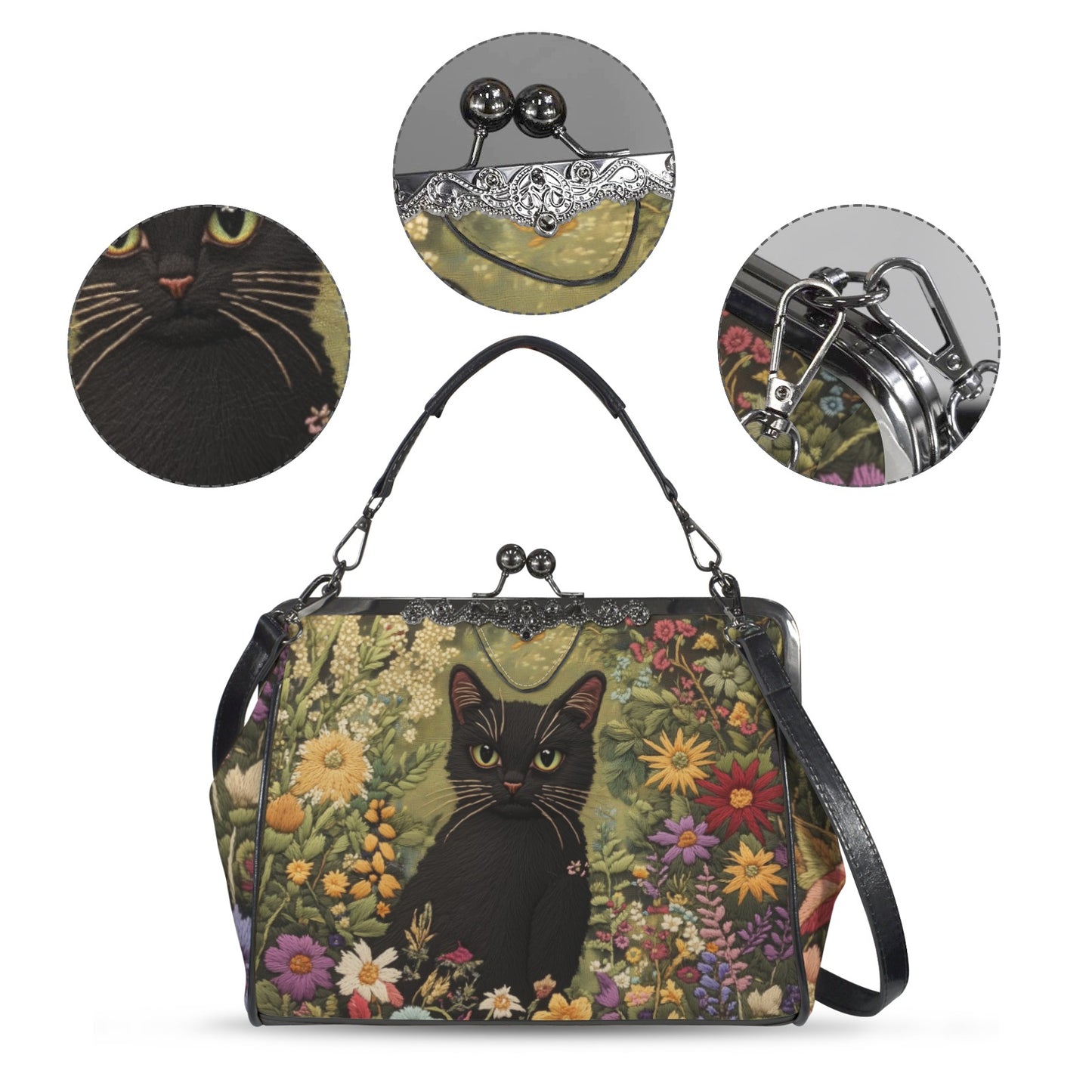 Faux-Embroidered Cat in the Garden Kisslock Purse
