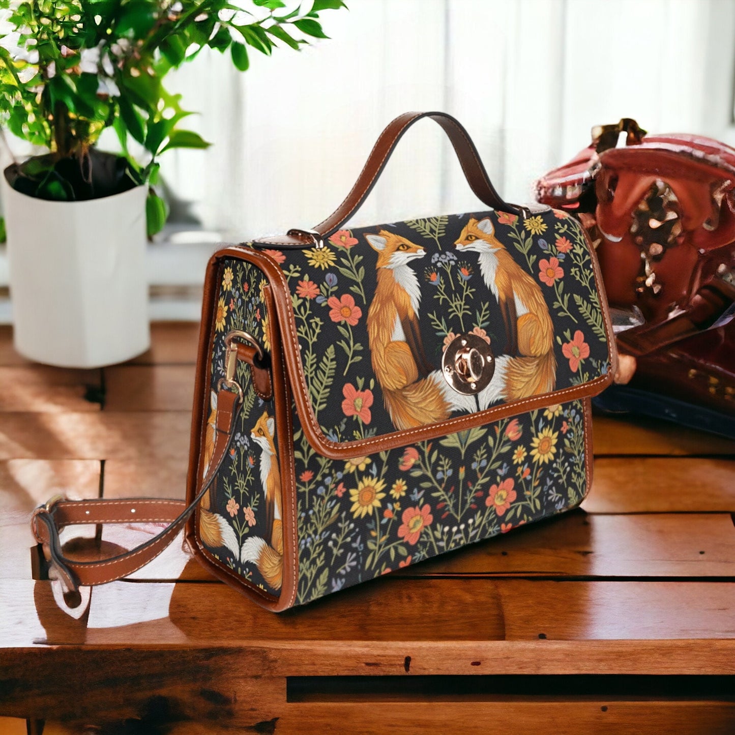 Faux-Embroidered Twin Foxes Flowers Handbag & Clutch Wallet Set
