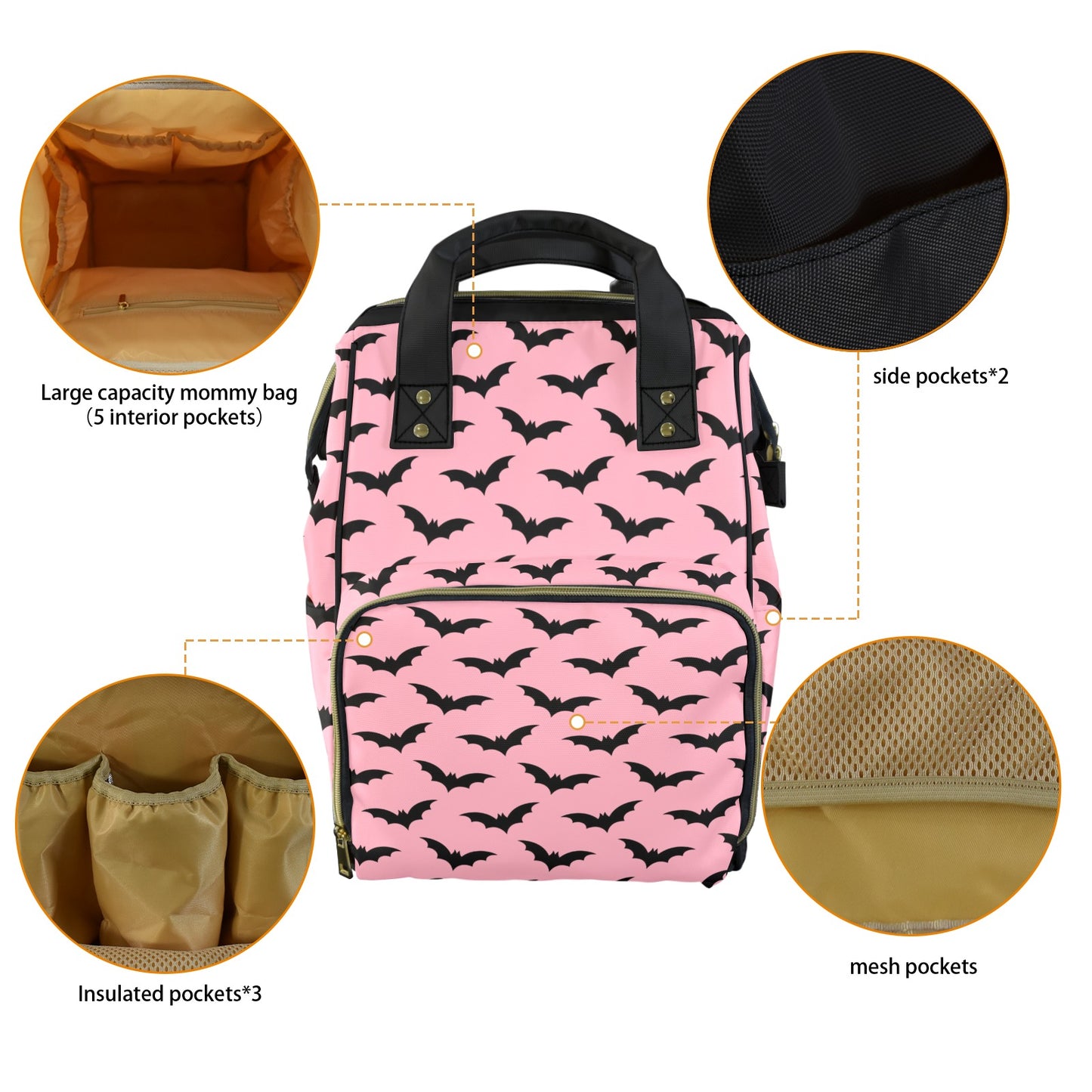 Black Bats on Pink Pastel Goth Diaper Bag