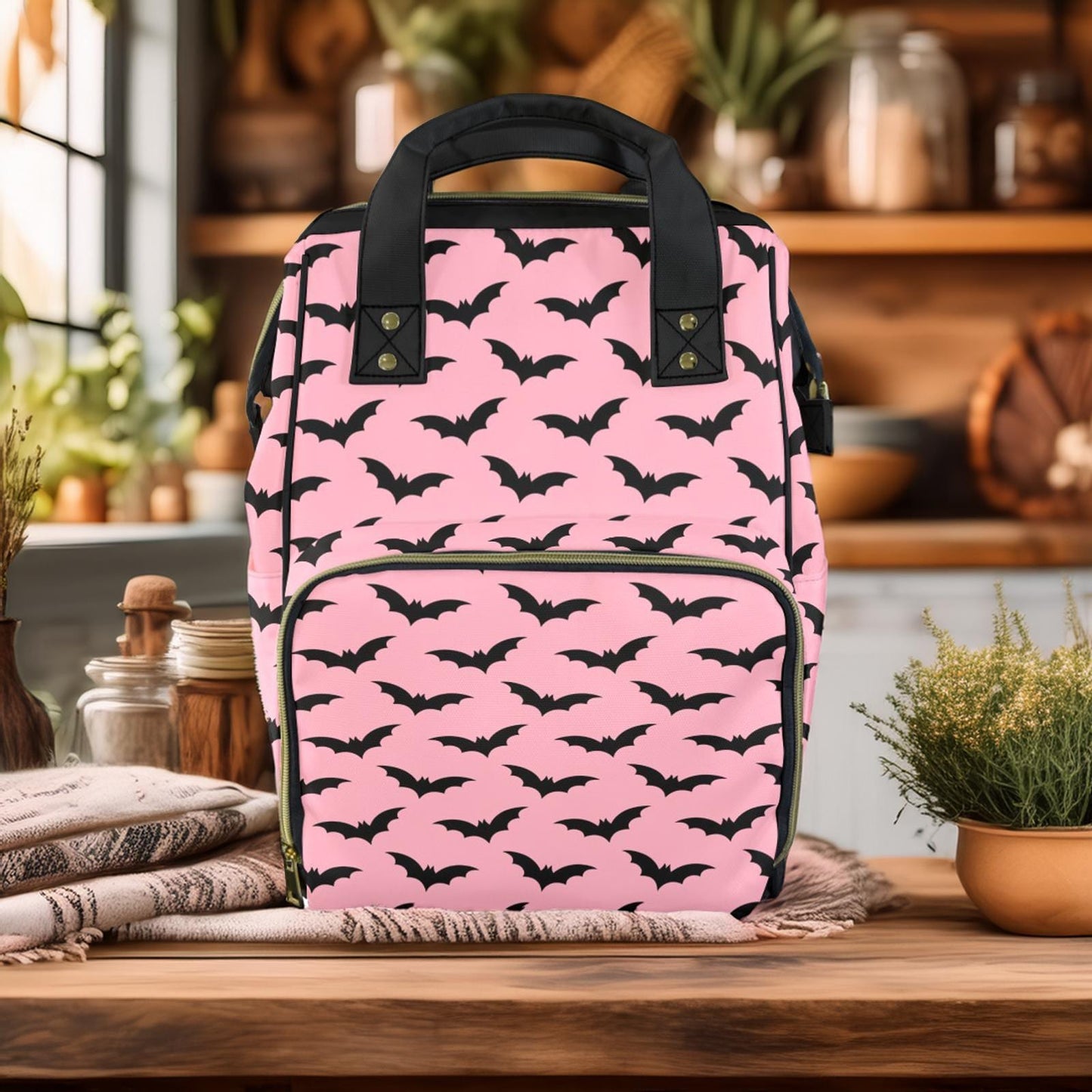 Black Bats on Pink Pastel Goth Diaper Bag