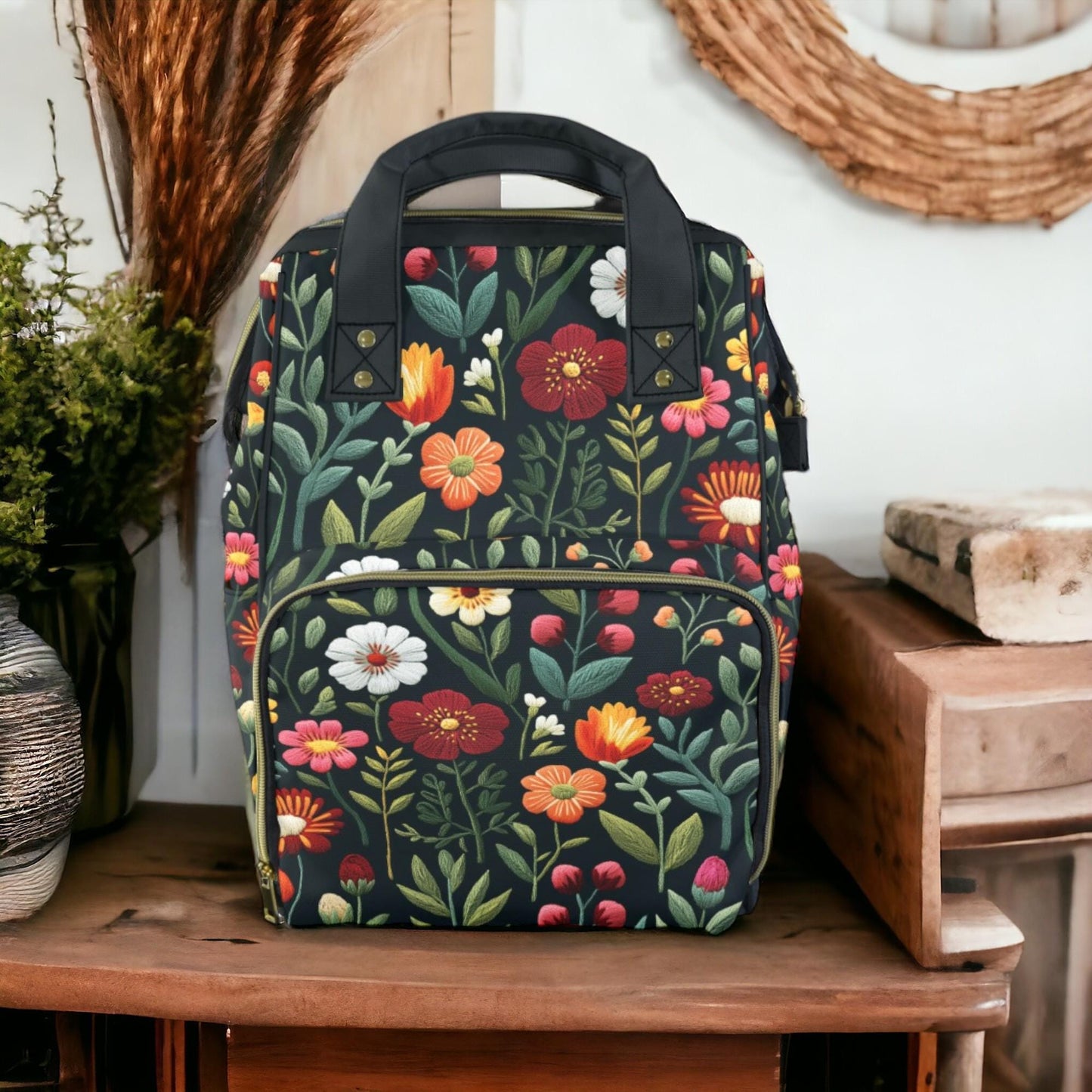 Dark Cottagecore Faux-Embroidery Folk Art Flowers