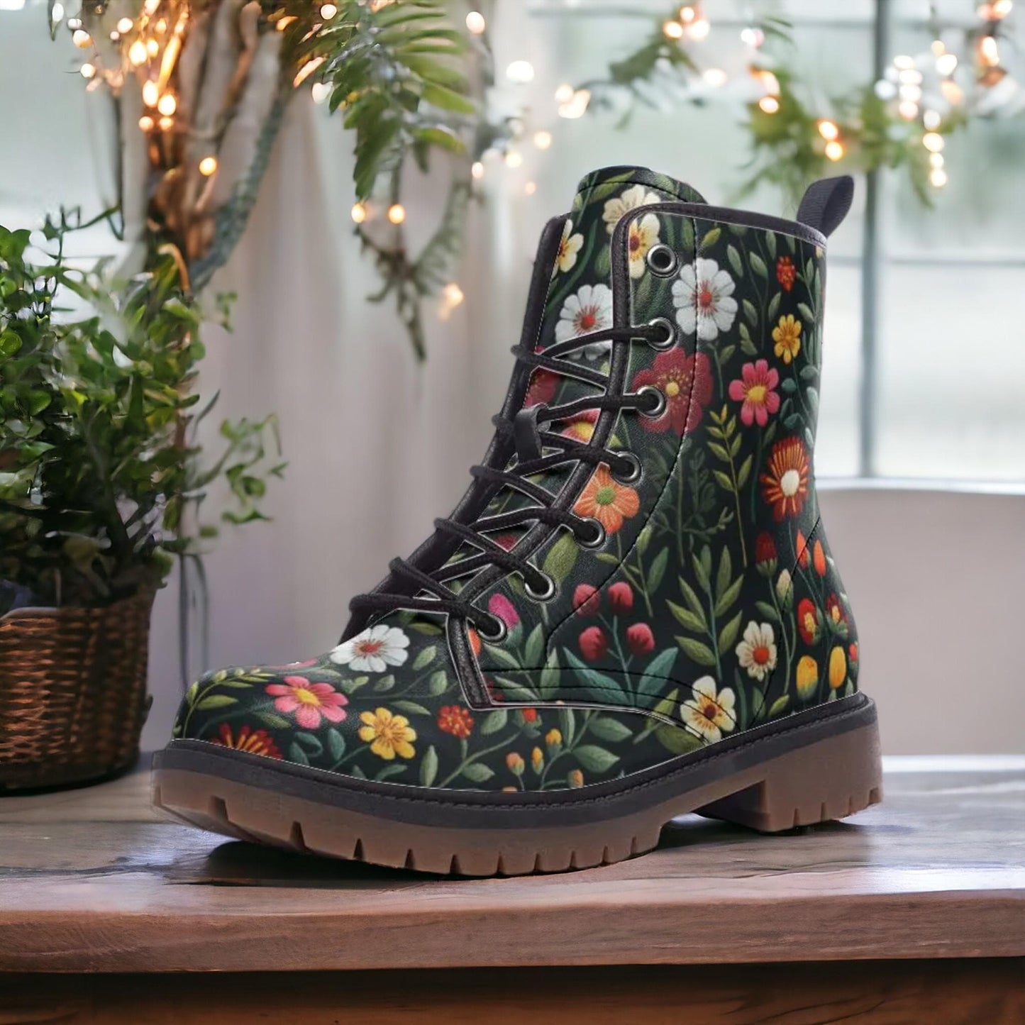 Faux-Embroidery Folk Art Garden Flowers Boots