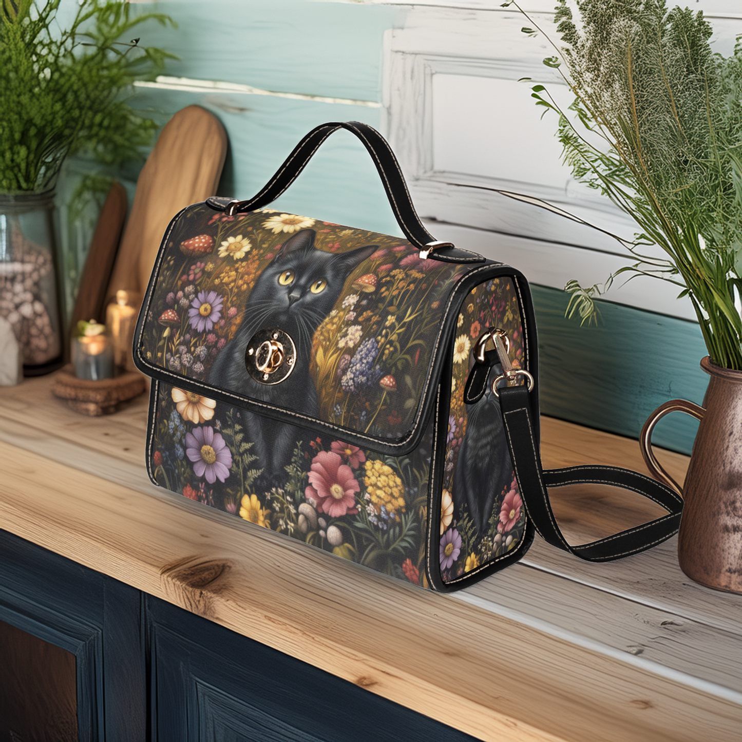Black Cat in the Flower Garden Vegan Satchel Purse