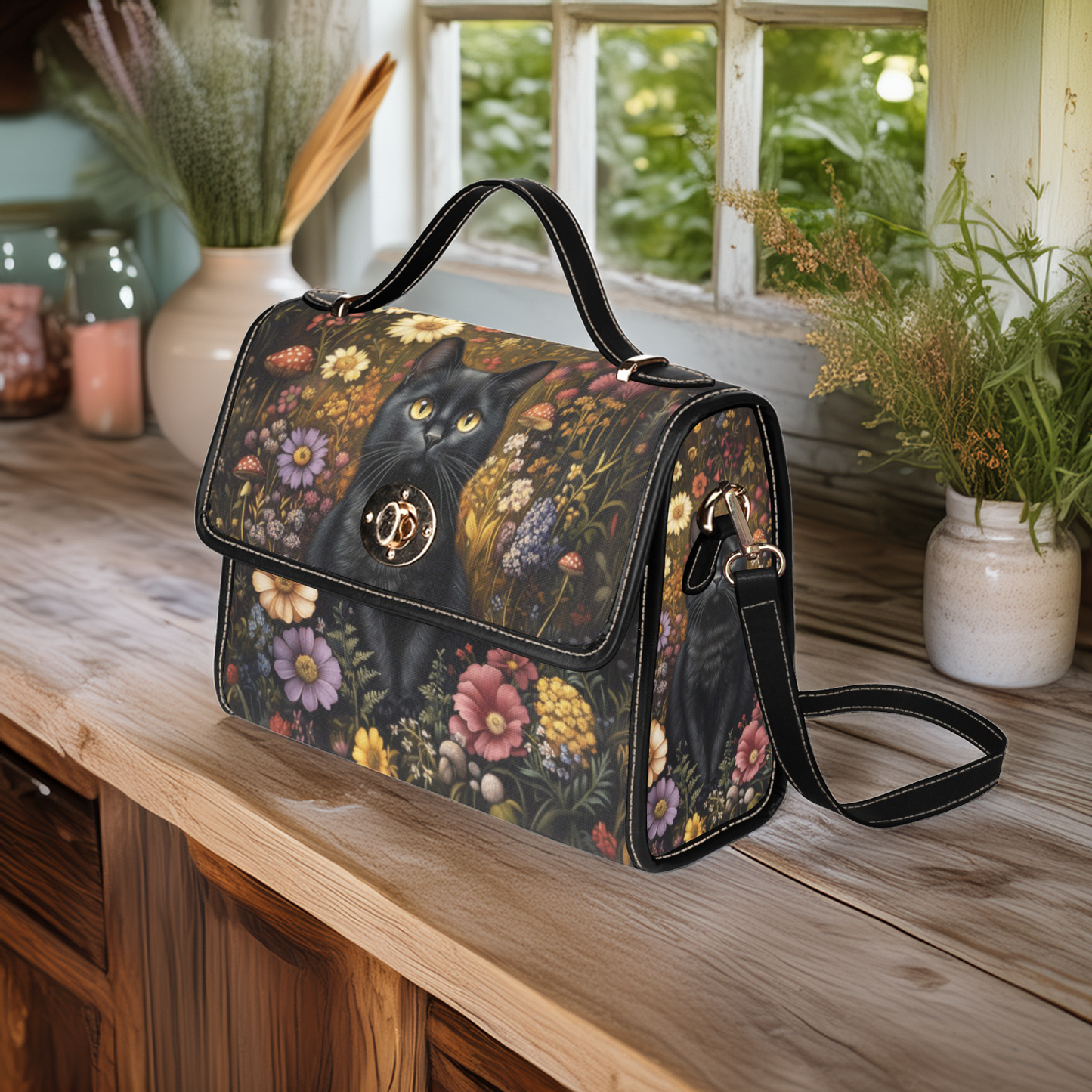 Black Cat in the Flower Garden Vegan Satchel Purse