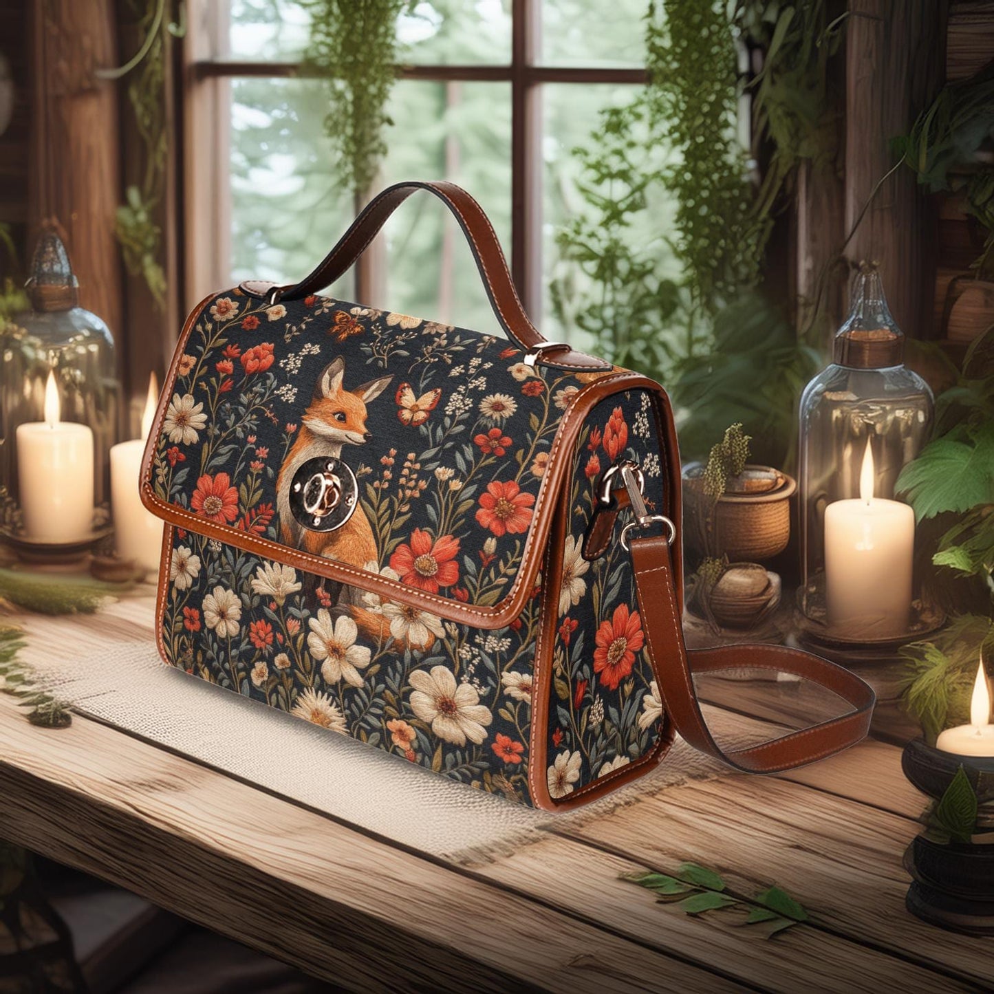 Whimsicore Happy Fox and Flowers Cottagecore Satchel Bag