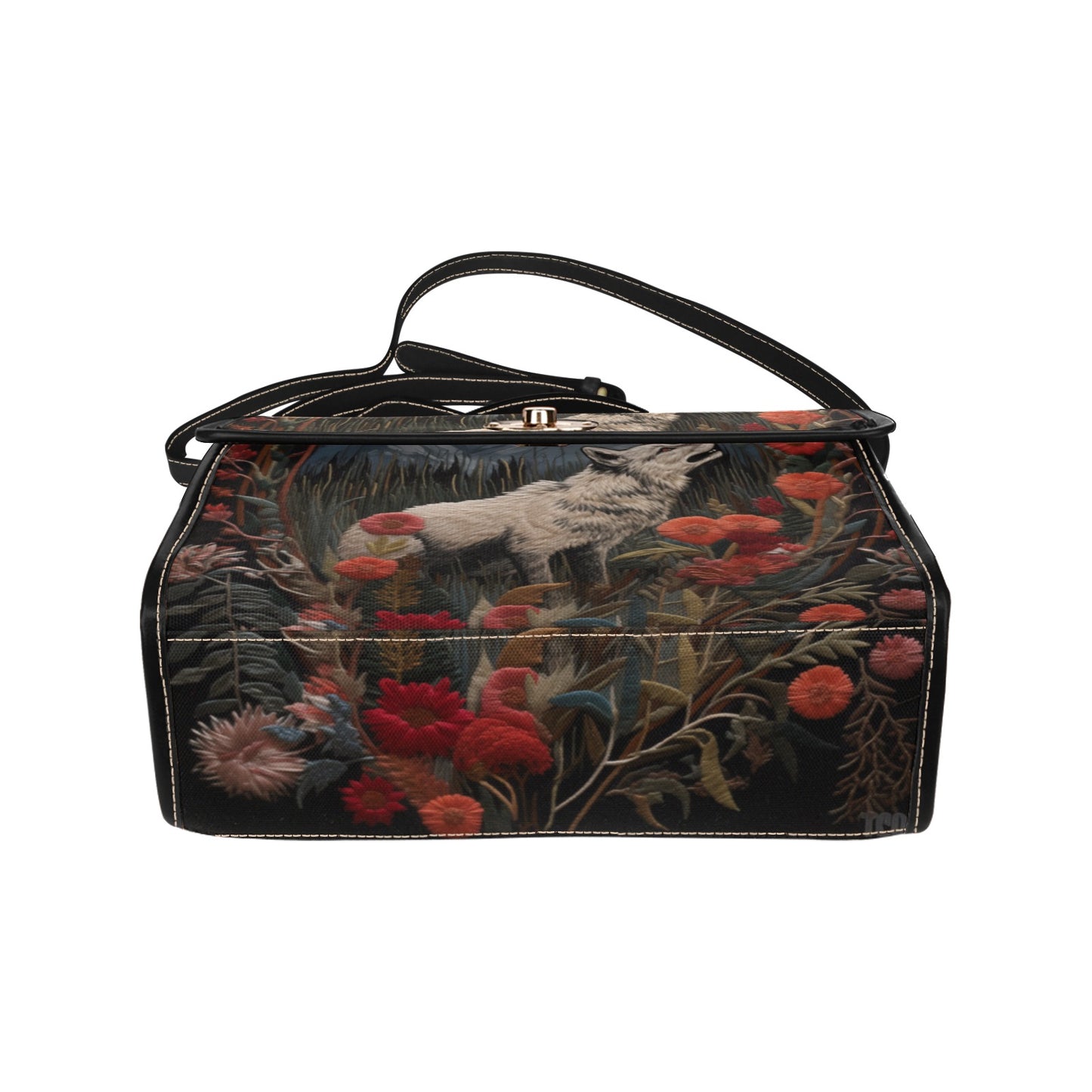 Faux-Embroidered Wolf and Flowers Satchel Bag