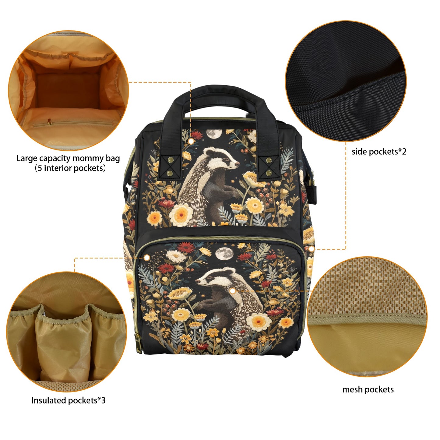 Whimsical Badger and Flowers Diaper Backpack