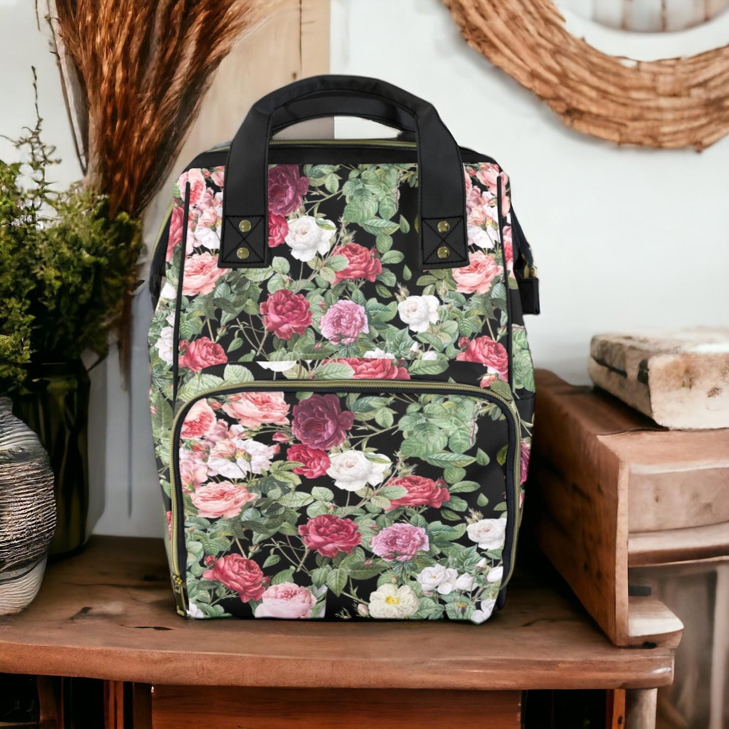Cottagecore Pink Vintage Roses Diaper Bag Backpack
