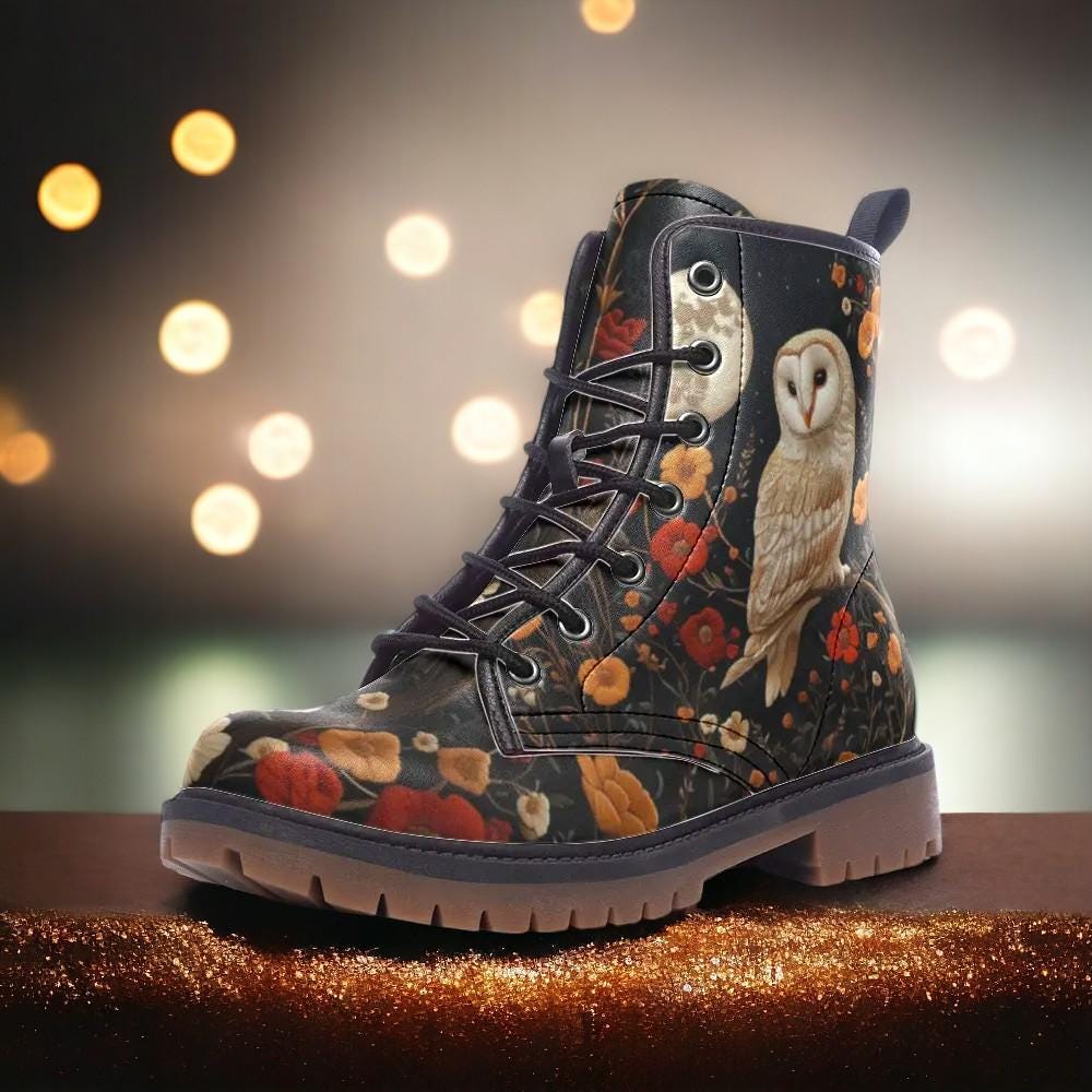 Faux-Embroidery Owl & Flowers Vegan Combat Boots