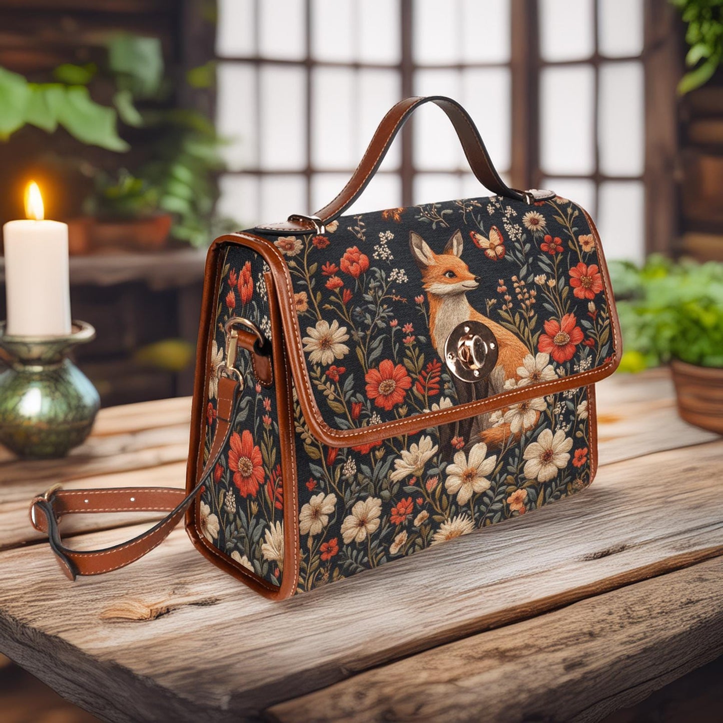 Whimsicore Happy Fox and Flowers Cottagecore Satchel Bag