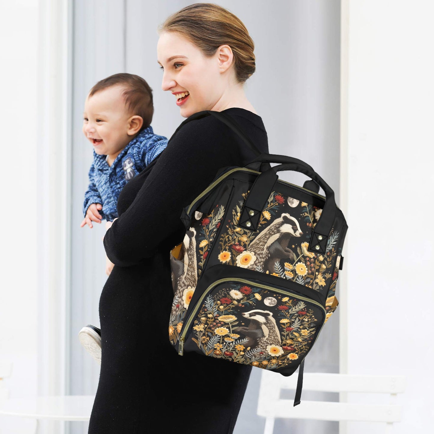 Whimsical Badger and Flowers Diaper Backpack