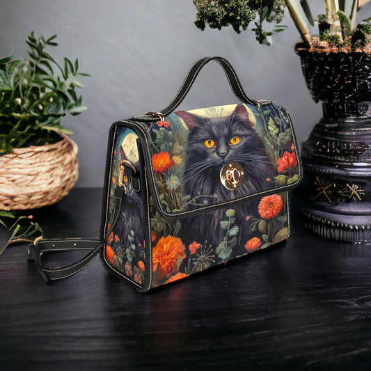 Dark Cottage Goth Witchy Cat and Floral Satchel