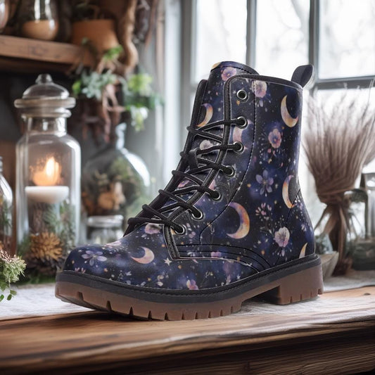 Watercolor Moons & Flowers Witchy Vegan Combat Boots