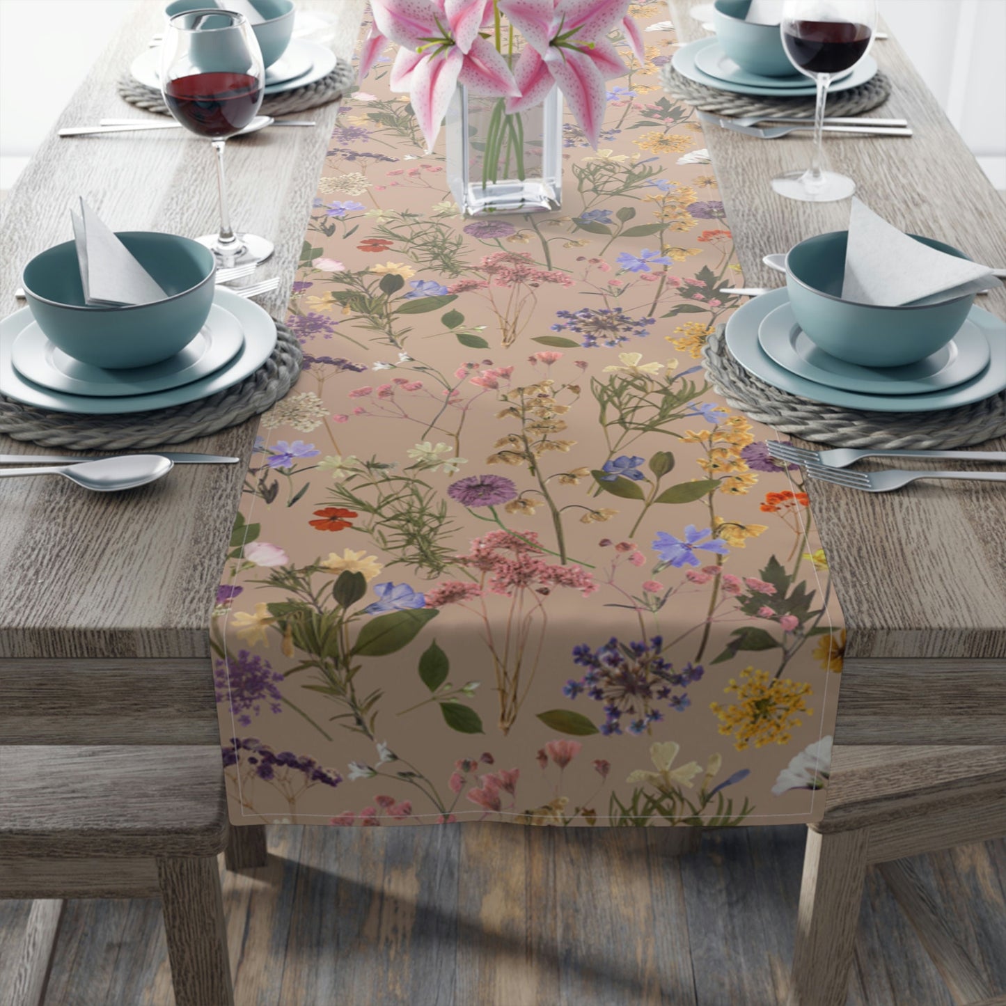 Pressed Wildflowers Taupe Table Runner