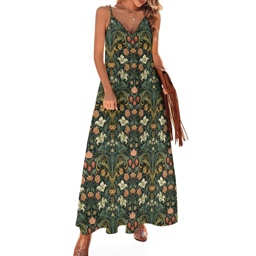 Boho Floral Lilies Strawberries Maxi Dress