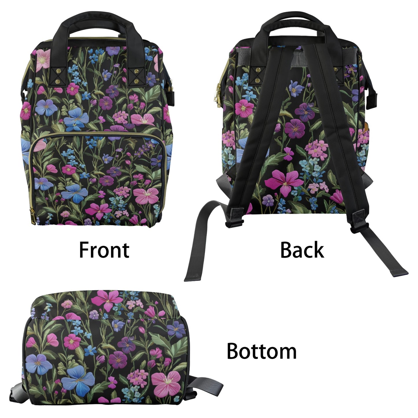 Dark Cottagecore Faux-Embroidery Garden Floral Multifunctional Diaper Backpack