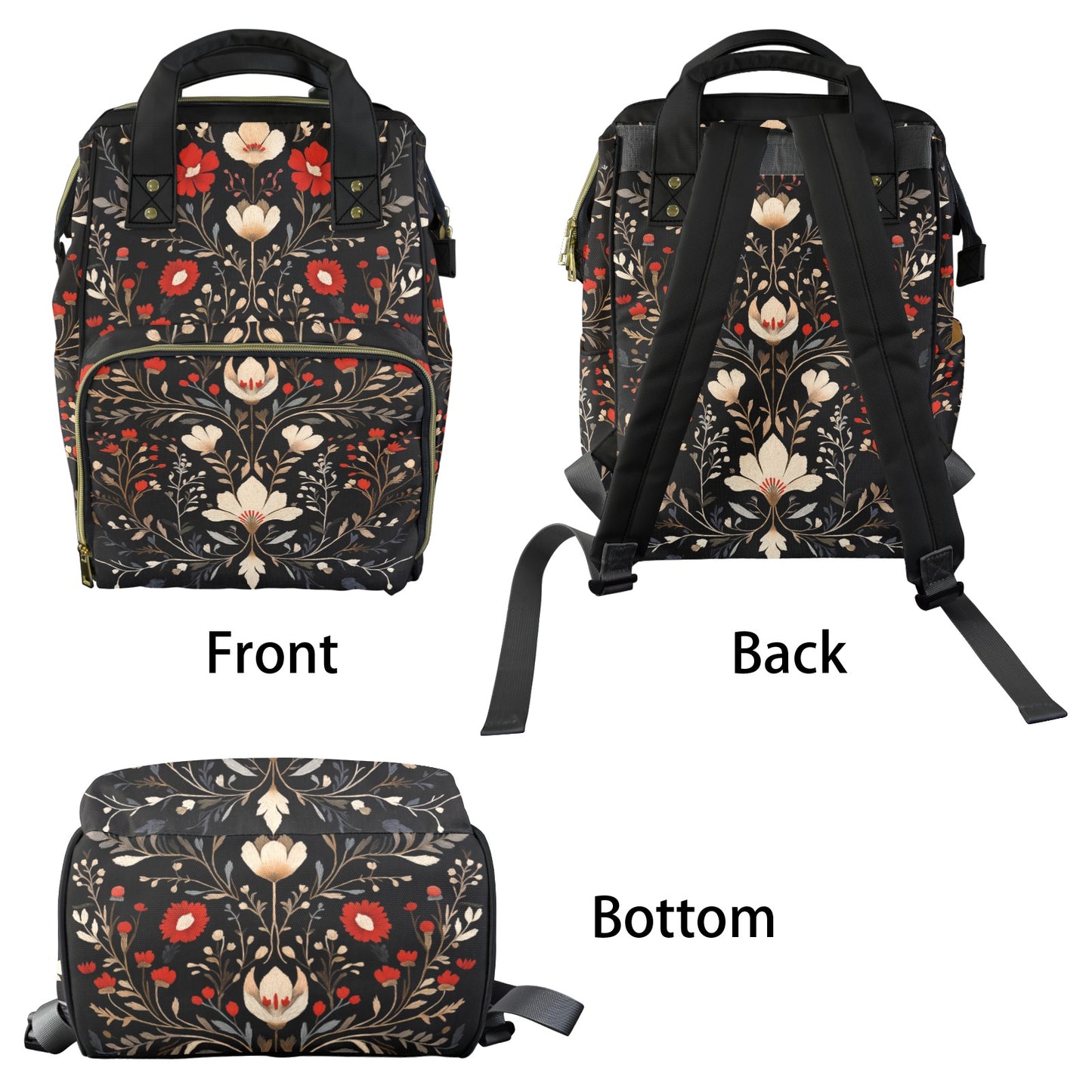 Dark Cottagecore Boho Folk Art Flowers Multifunctional Diaper Backpack