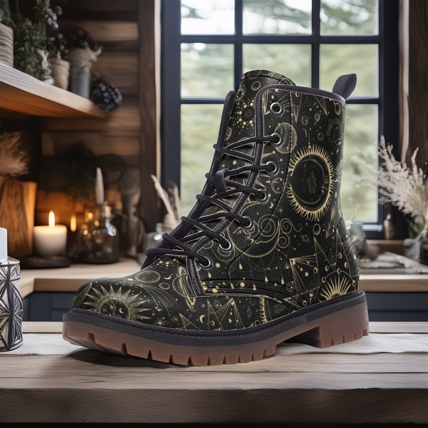 Black boot with gold patterns on a wooden surface