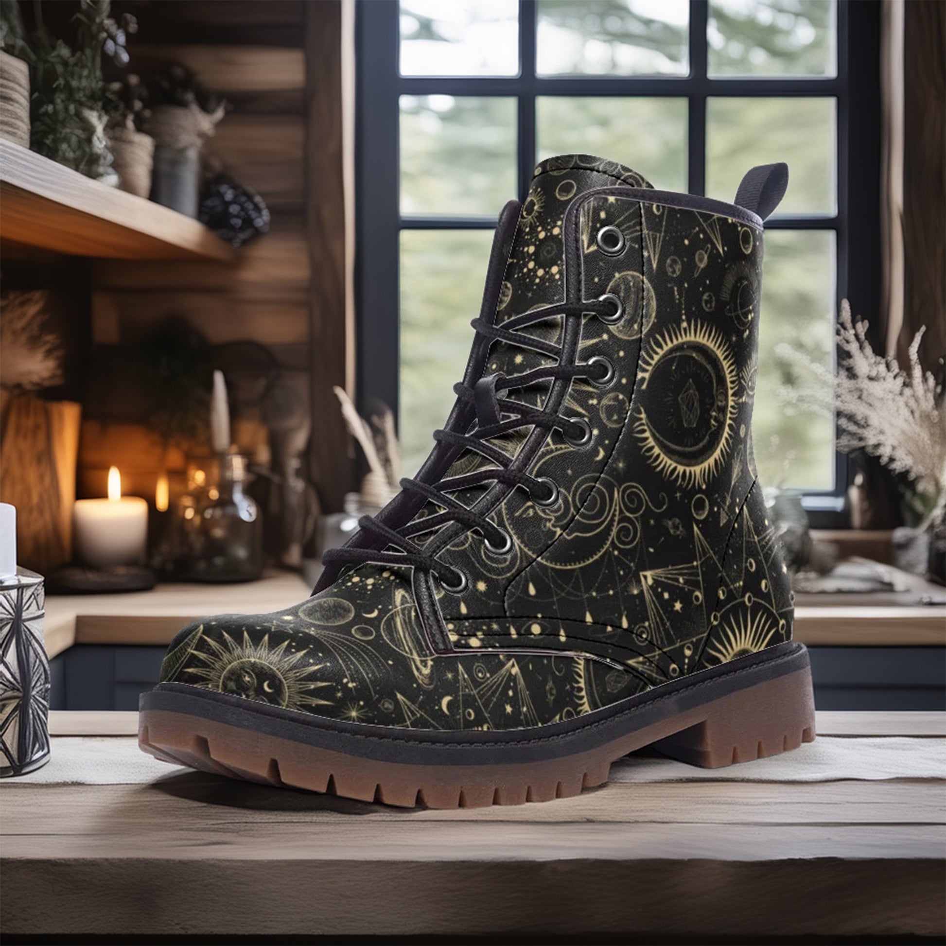 Black boot with gold patterns on a wooden surface