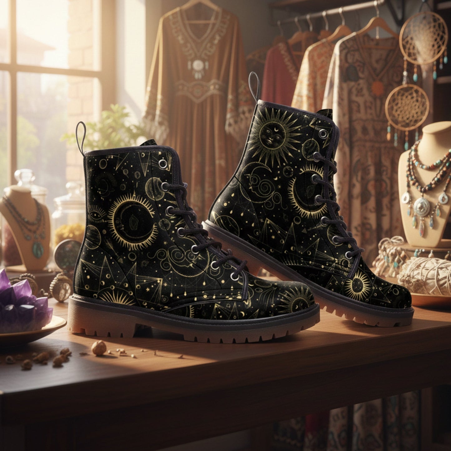 Black celestial patterned boots on a table with a bohemian decor background