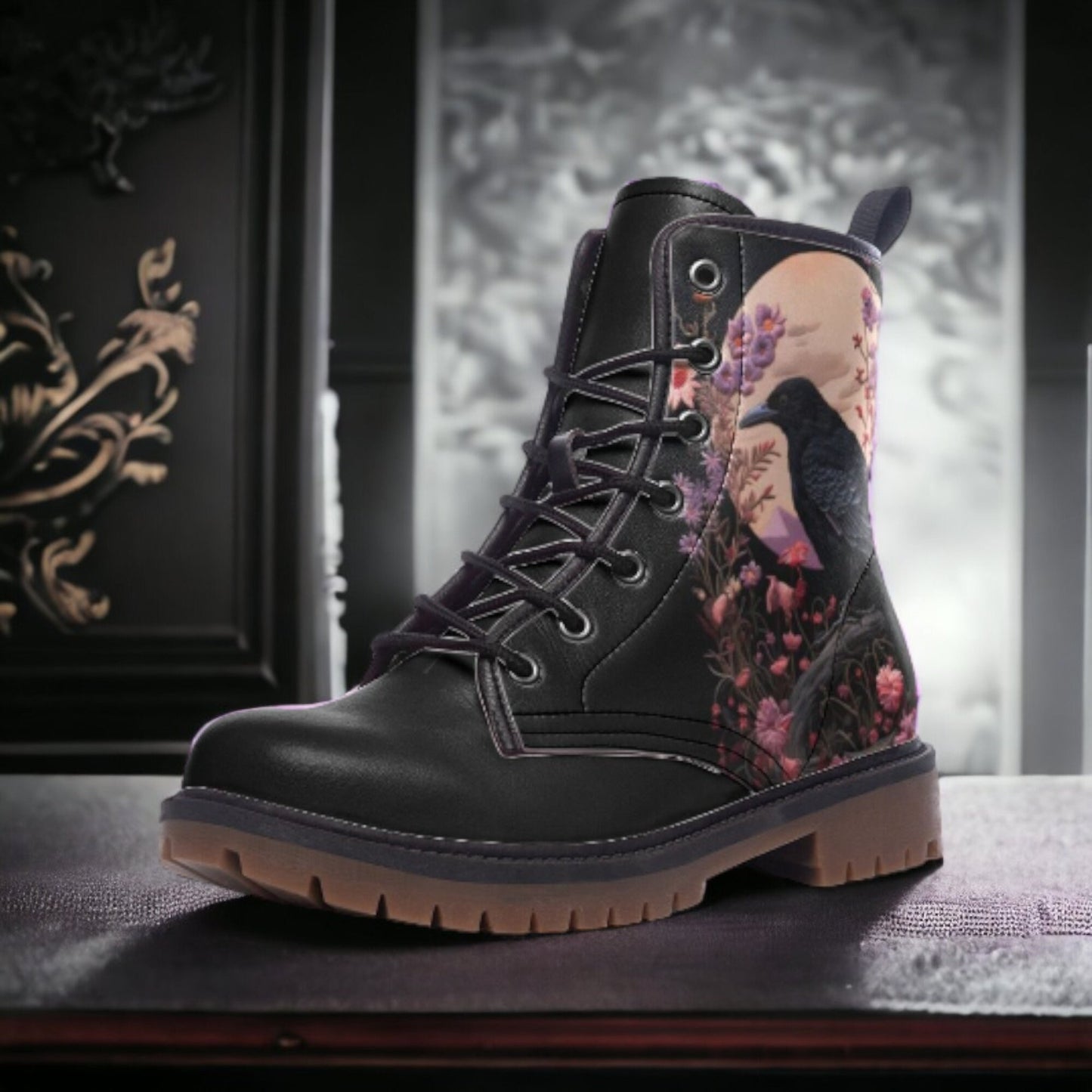 Faux-Embroidered Crow & Flowers Vegan Boots